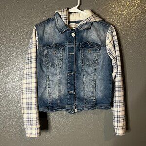 Wallflower Dreamer Denim Jacket Plaid Sleeve Hooded Blue Jean Small